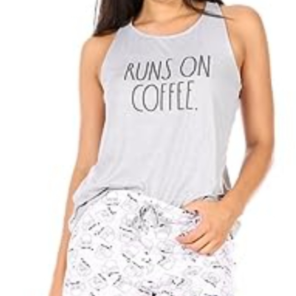 Rae Dunn Medium 'Runs On Coffee' Gray Racer Tank Euc